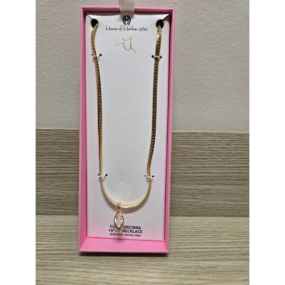 House of Harlow 1960‎ Gold Herringbone Necklace Marquise Cubic Zirconia 16+3in